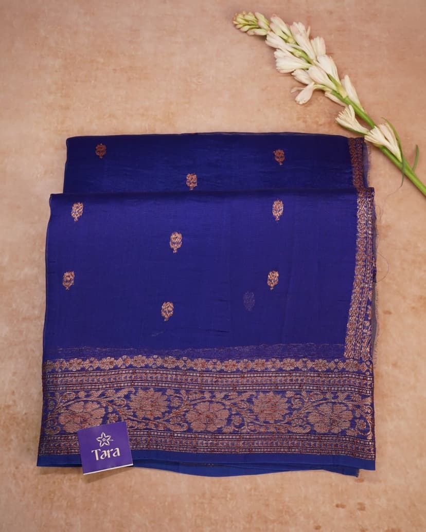 Banaras Kora Silk Saree – Royal Blue with Gold Motifs