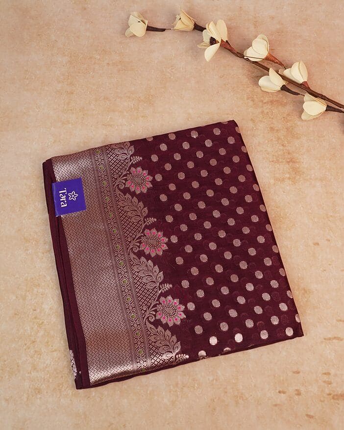 Banaras Mashru Silk Saree – Burgundy with Handwoven Motifs