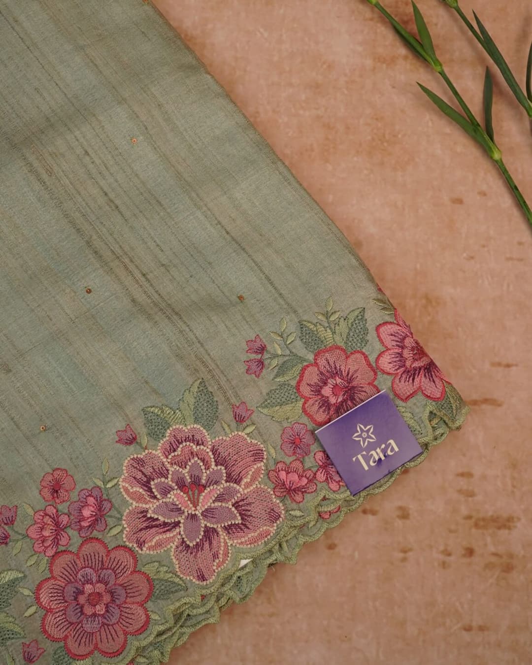 Tussar Silk Saree – Sage Green with Pink Floral Border