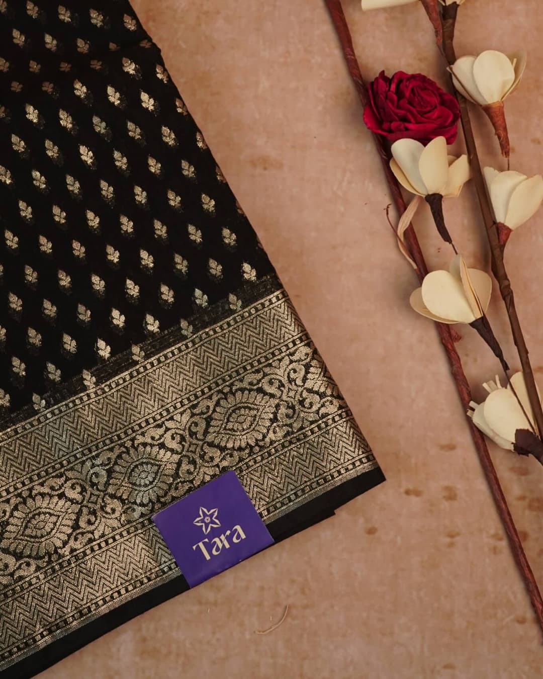Banarasi Silk Saree – Black with Gold Zari Buttis